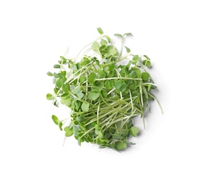 Photo of Pile of fresh microgreen isolated on white, top view