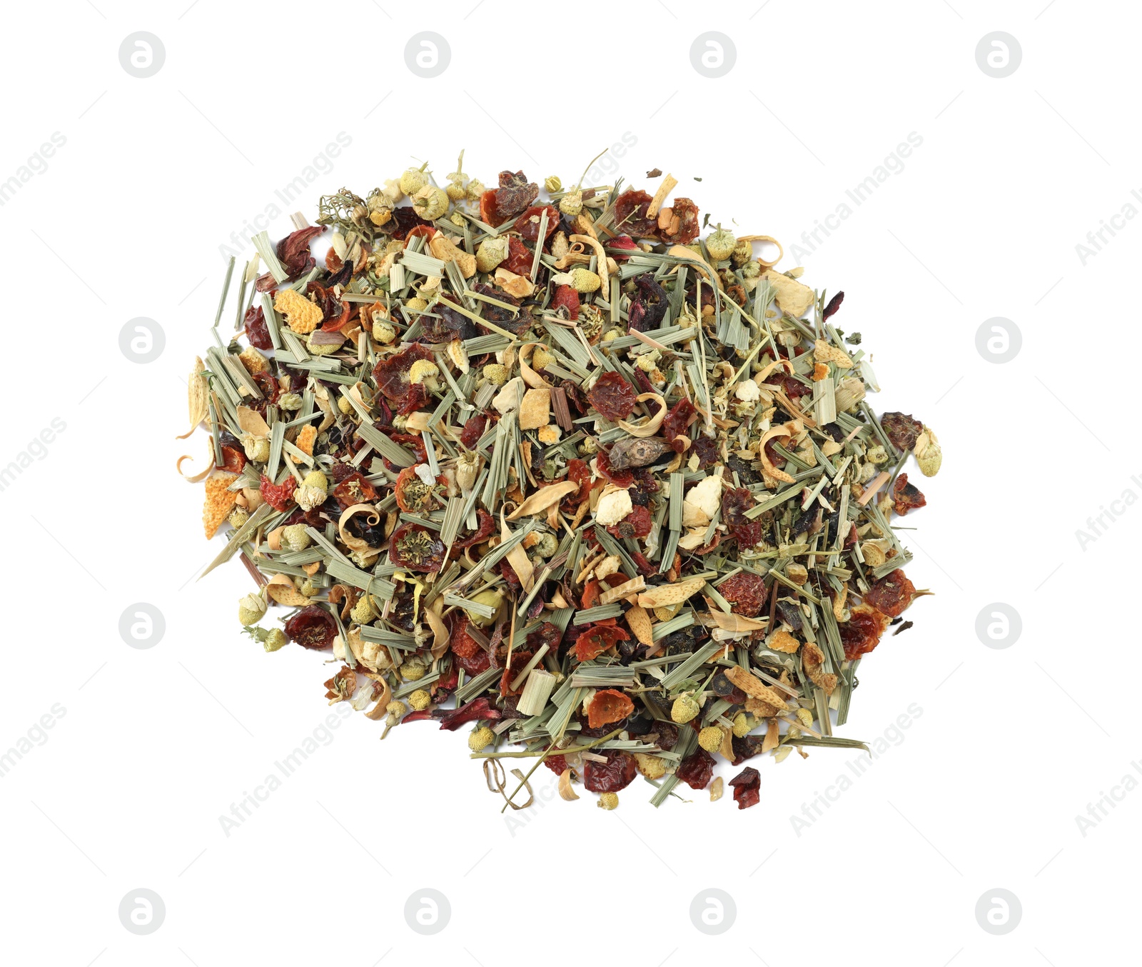 Photo of Pile of aromatic herbal tea isolated on white, top view