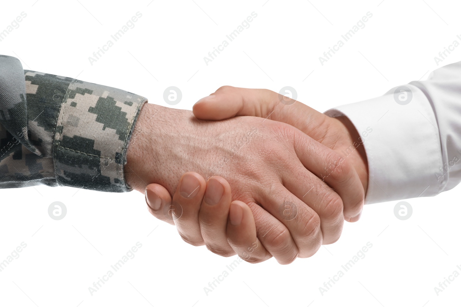 Photo of Soldier and businessman shaking hands against white background, closeup