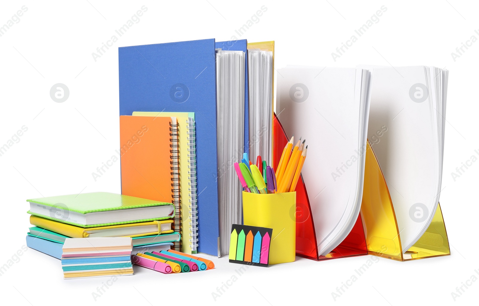 Photo of Bright office folders and different stationery isolated on white