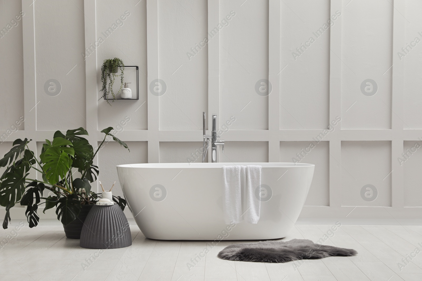 Photo of Modern ceramic bathtub and green plant near white wall indoors