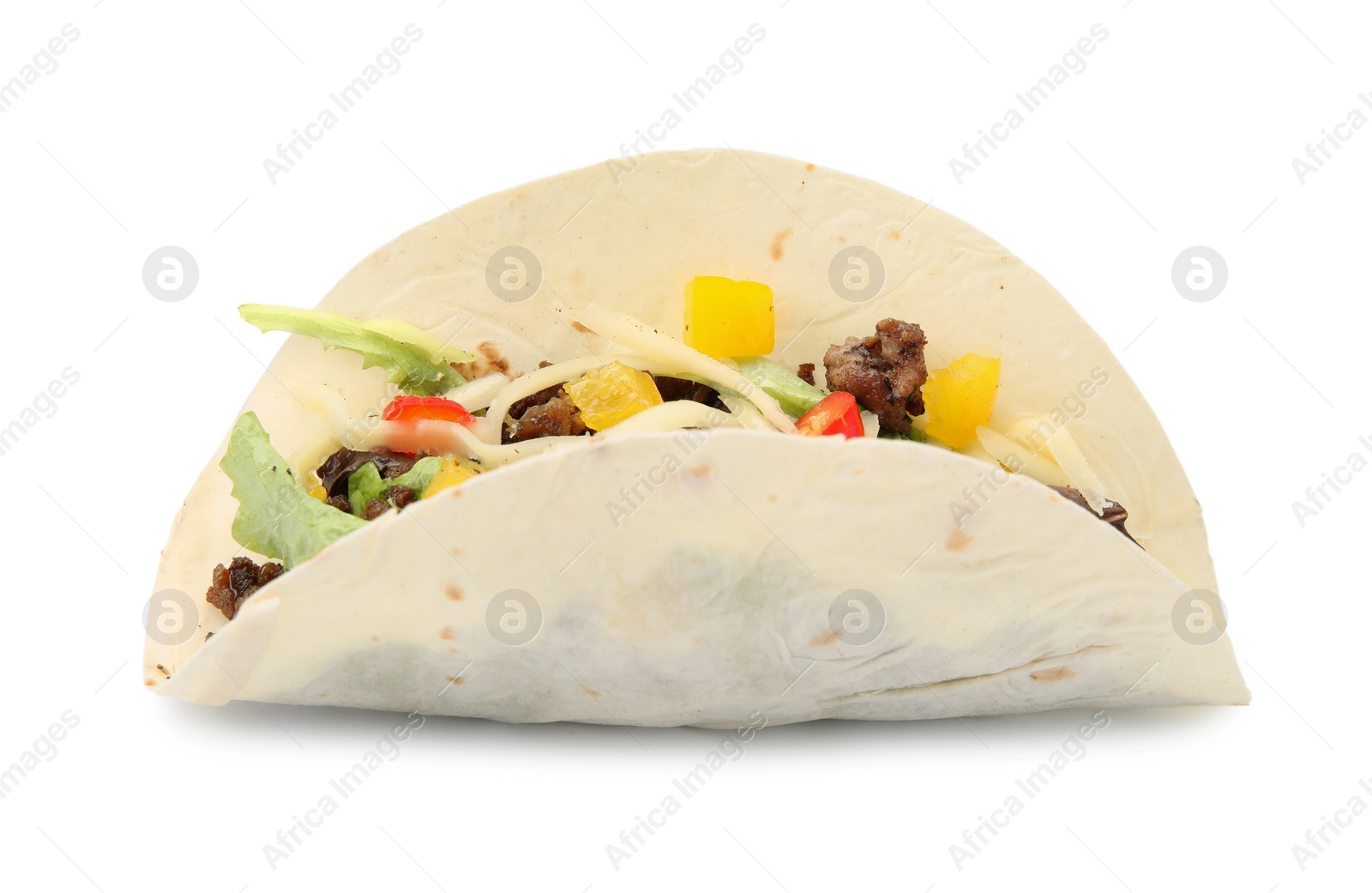 Photo of Delicious taco with fried meat, vegetables and cheese isolated on white