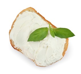 Photo of Bread with cream cheese and basil leaves isolated on white, top view