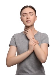 Photo of Young woman with sore throat on white background