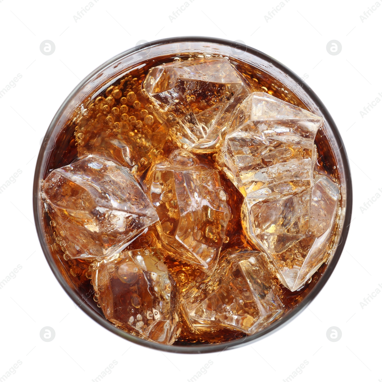 Photo of Glass of refreshing soda drink with ice cubes isolated on white, top view