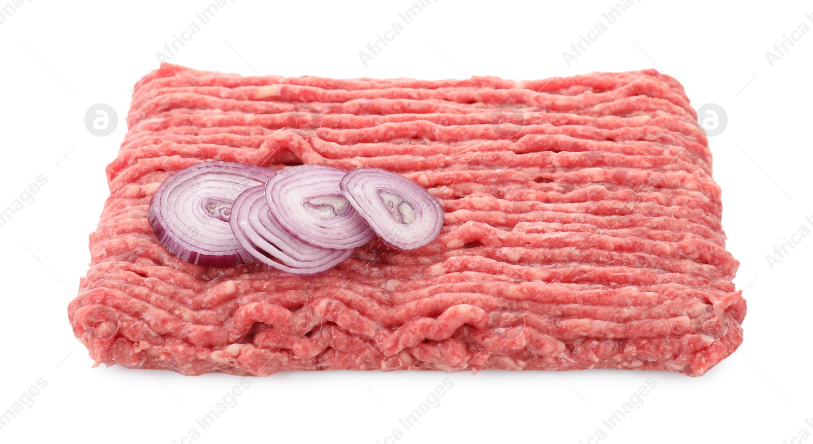 Photo of Raw ground meat and onion isolated on white