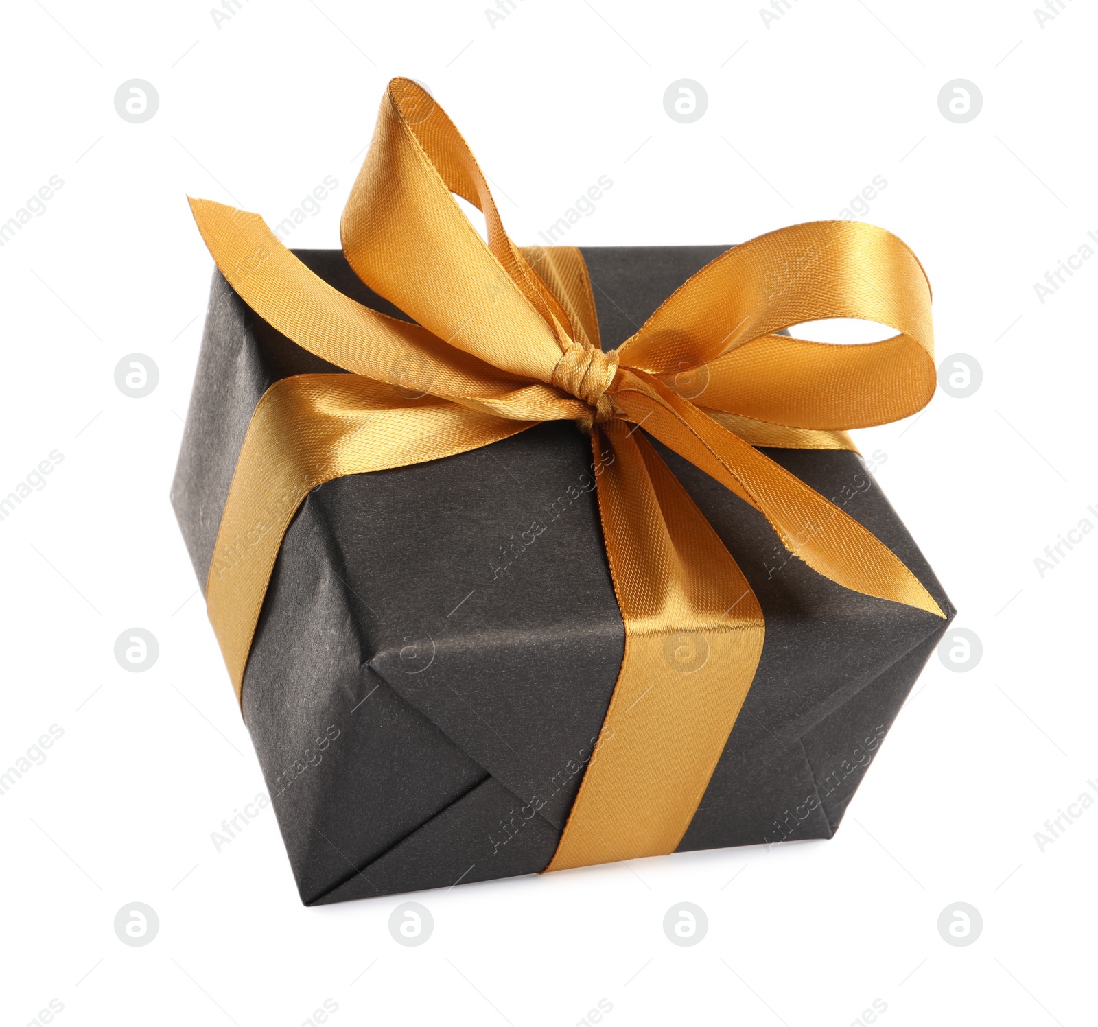 Photo of Beautiful gift box with golden ribbon and bow on white background