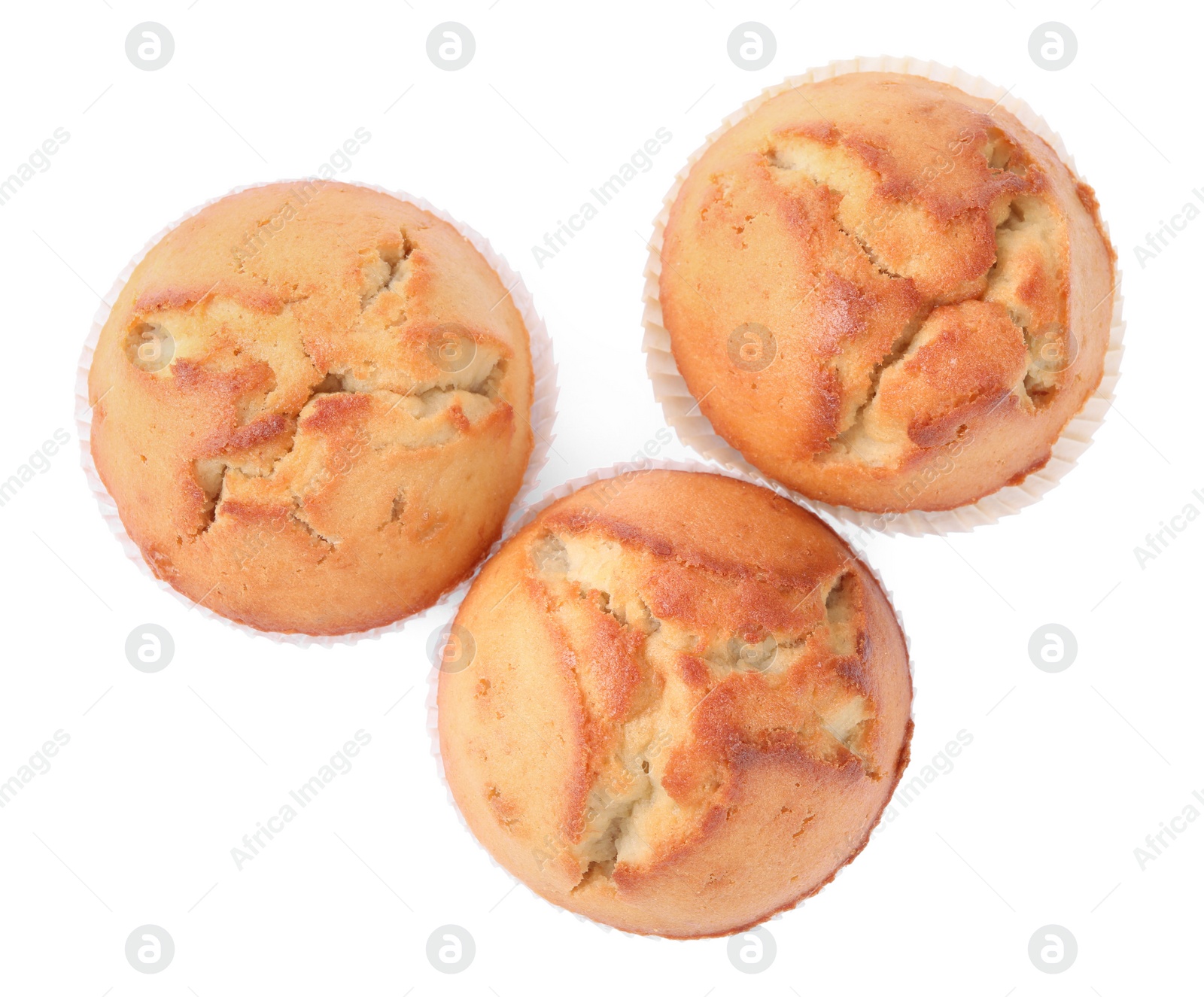 Photo of Tasty muffins on white background, top view
