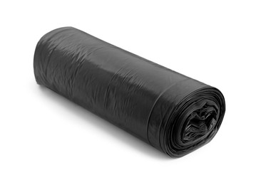 Photo of Roll of grey garbage bags on white background. Cleaning supplies
