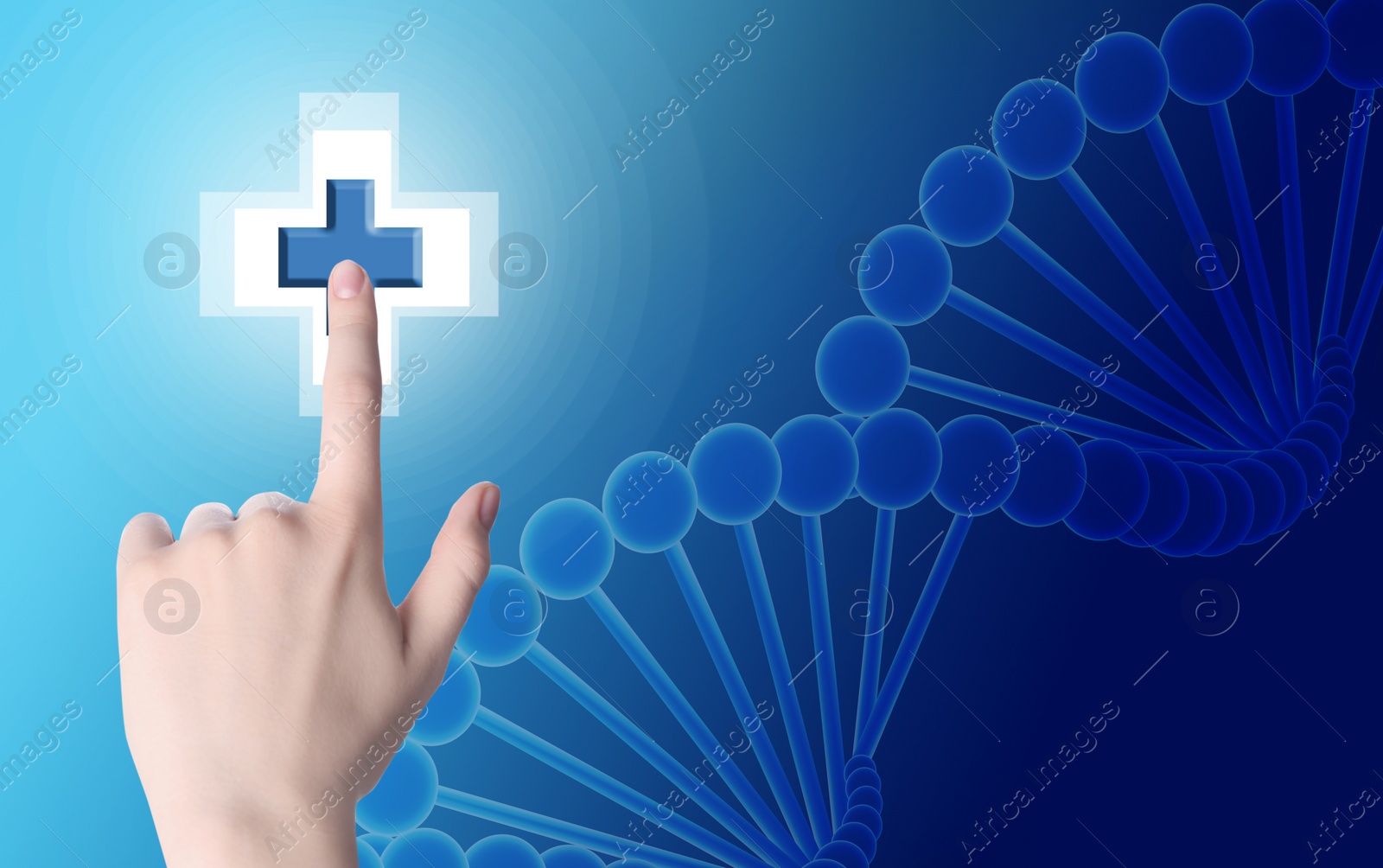 Image of Woman pressing virtual first aid button on blue background, closeup. Emergency help