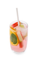 Photo of Glass of tasty rhubarb cocktail with orange isolated on white