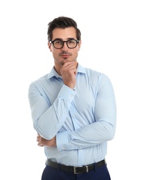 Young male teacher with glasses on white background