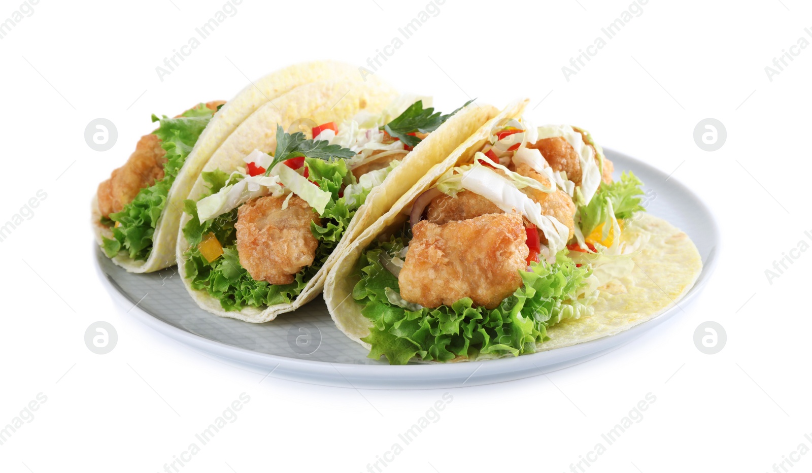 Photo of Yummy fish tacos with lettuce isolated on white