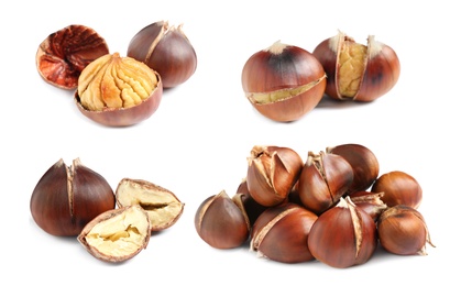 Image of Set of sweet roasted edible chestnuts isolated on white