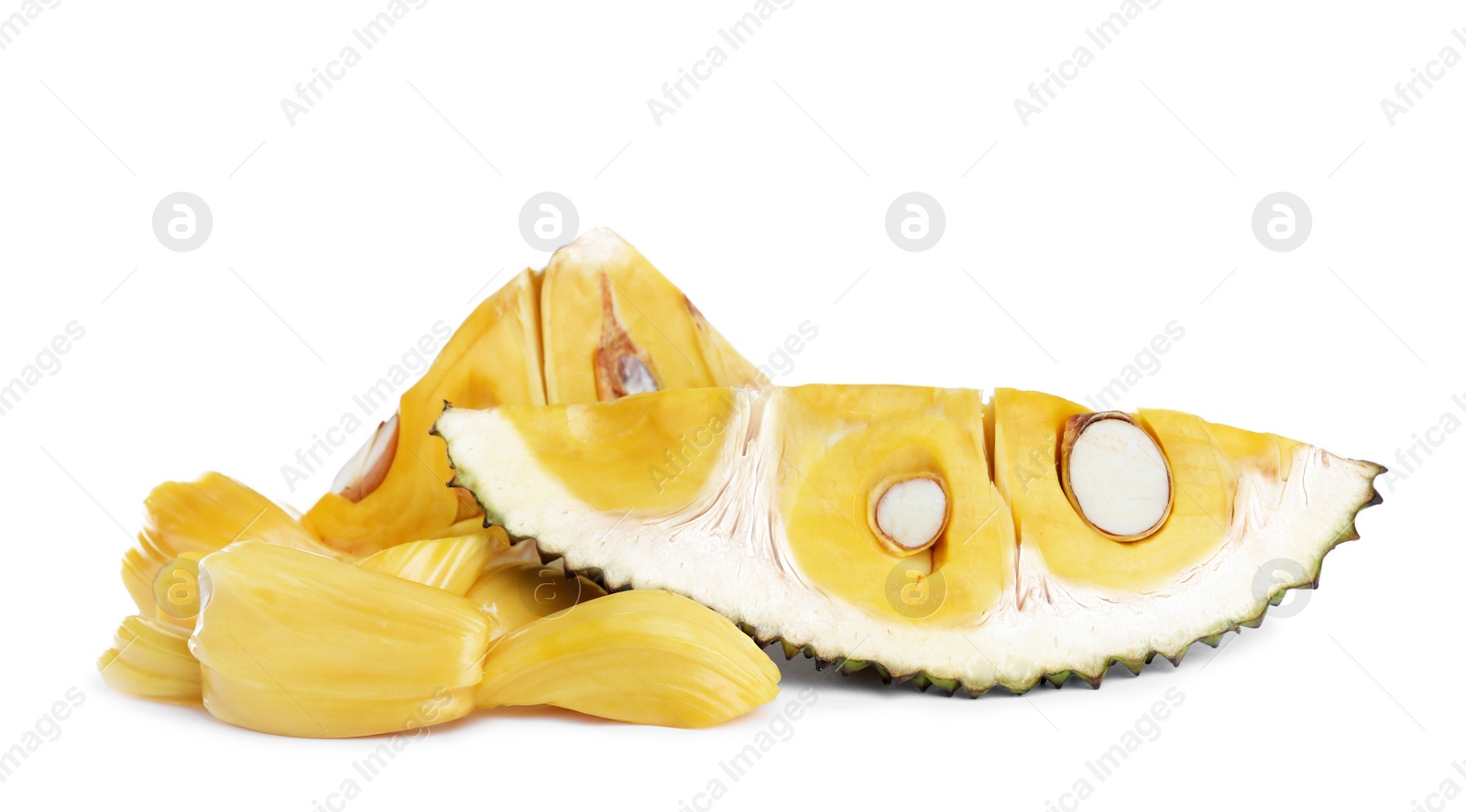 Photo of Slices of fresh exotic jackfruit and bulbs on white background