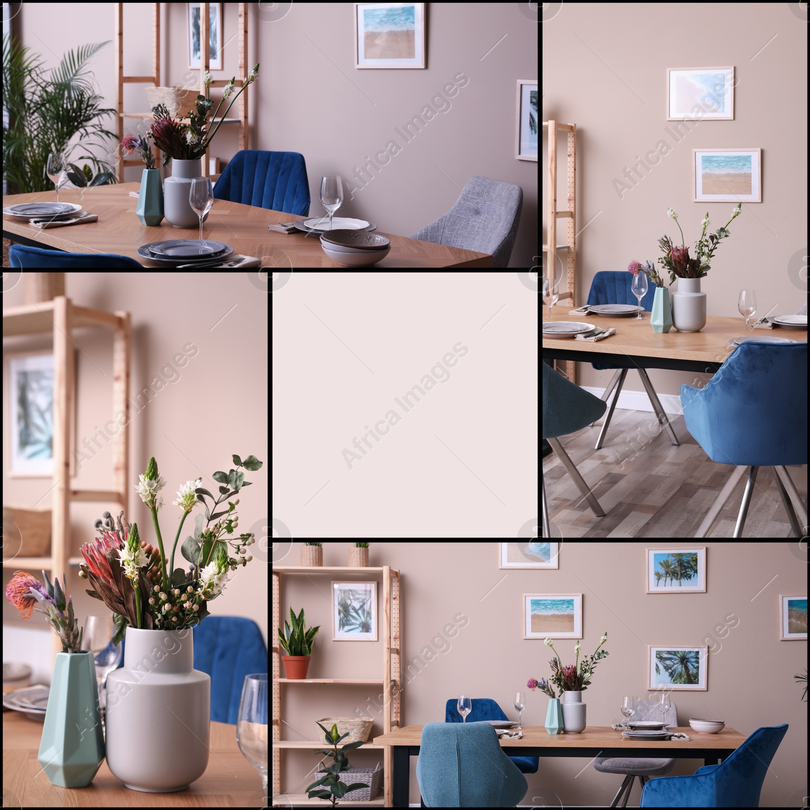 Image of Idea of stylish dining room interior design, collage of photos. Space for text