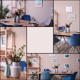 Image of Idea of stylish dining room interior design, collage of photos. Space for text