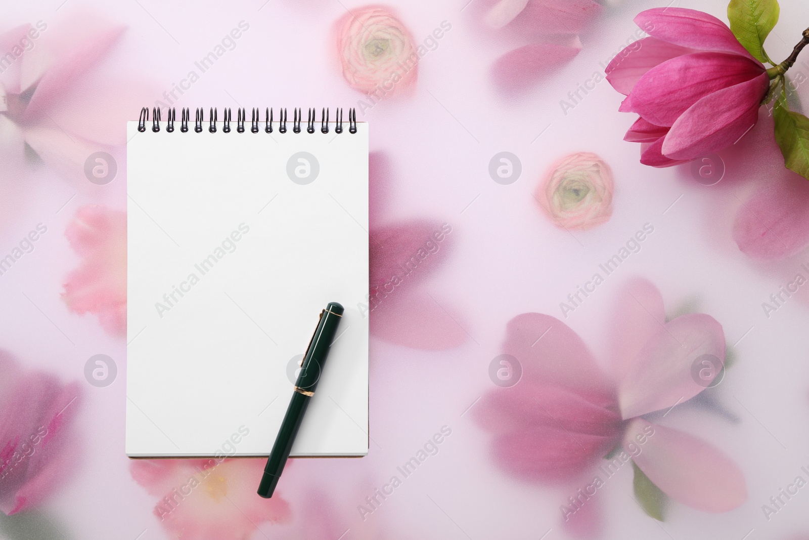 Photo of Guest list. Notebook, pen and magnolia on spring floral background, flat lay. Space for text