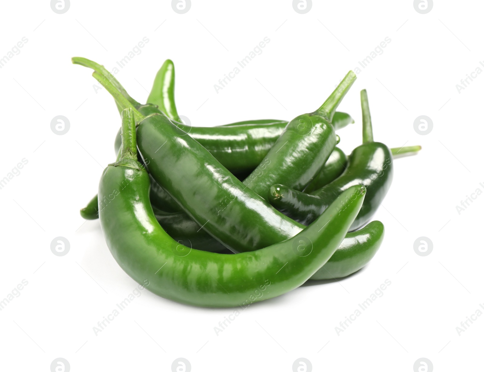 Photo of Green hot chili peppers on white background