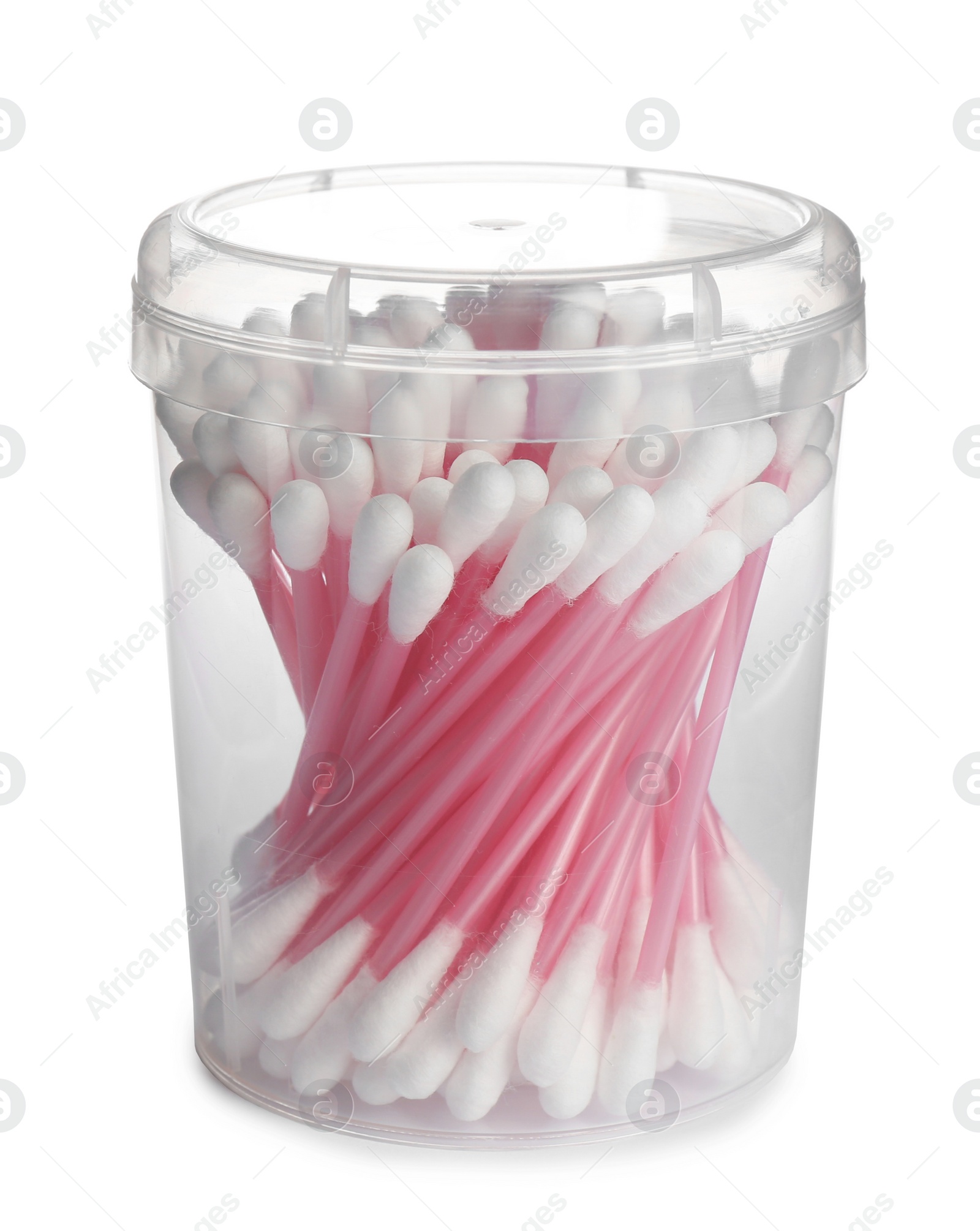 Photo of Plastic container with cotton swabs on white background