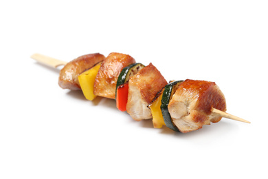 Delicious chicken shish kebab with vegetables on white background