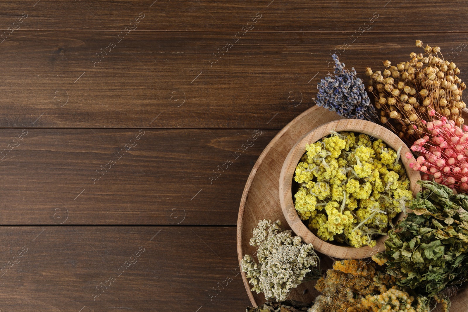 Photo of Many different dry plants and flowers on wooden table, top view. Space for text