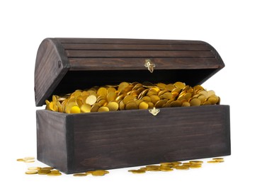 Image of Open treasure chest with gold coins isolated on white