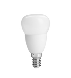 Photo of New fluorescent light bulb for modern lamps on white background