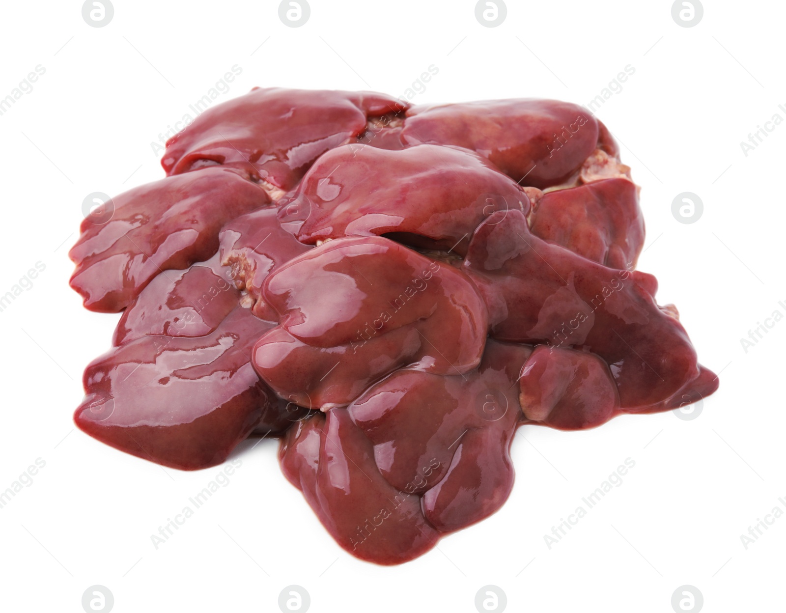 Photo of Pieces of raw chicken liver isolated on white