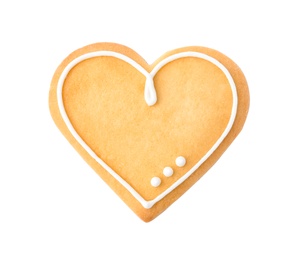 Photo of Decorated heart shaped cookie on white background, top view