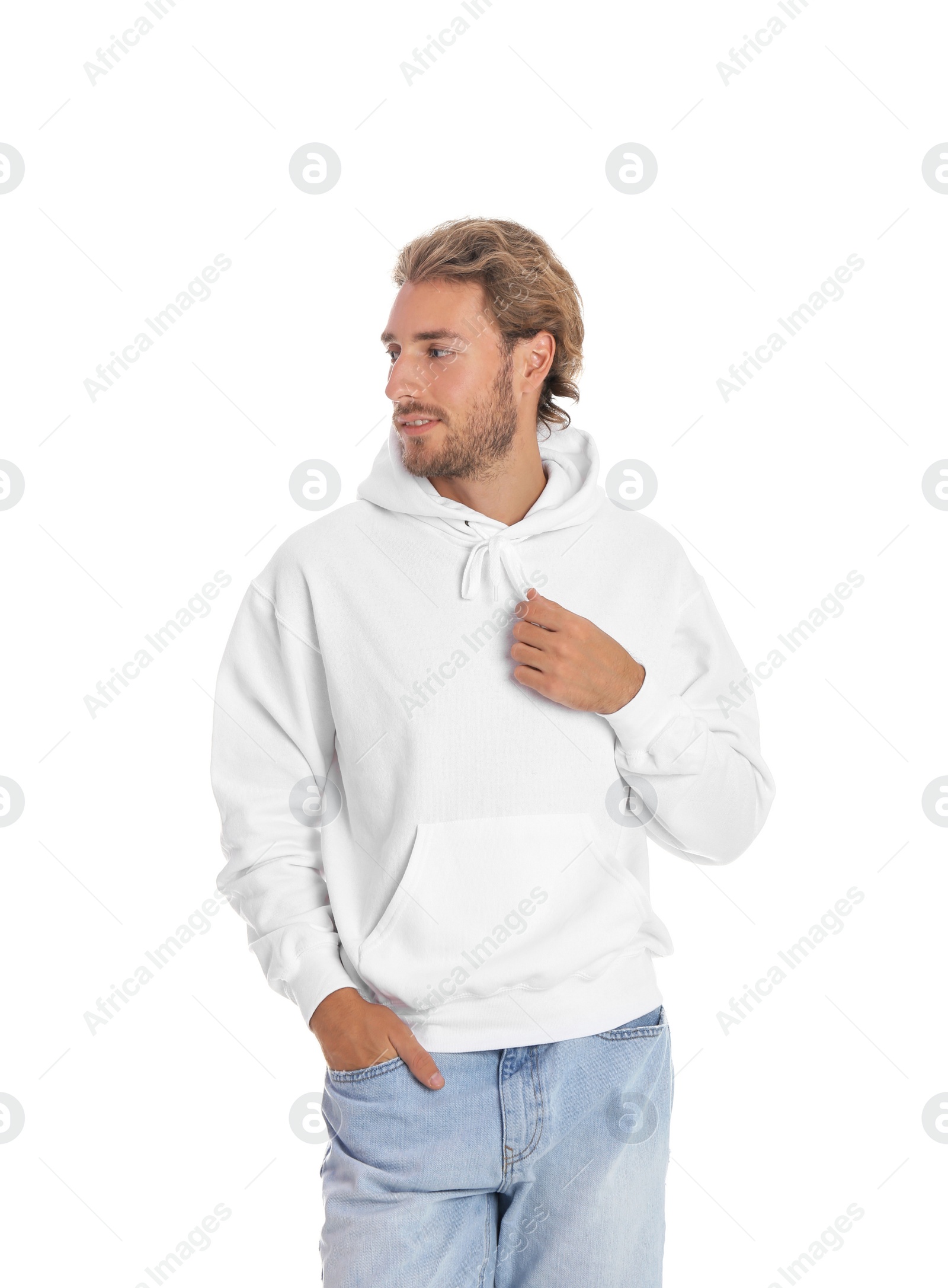 Photo of Portrait of man in hoodie sweater on white background. Space for design