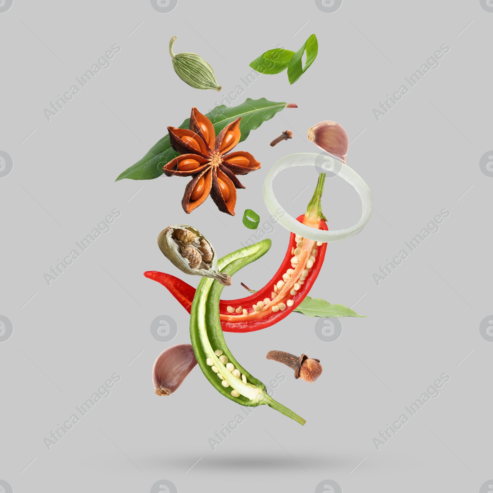 Image of Different spices falling on light grey background