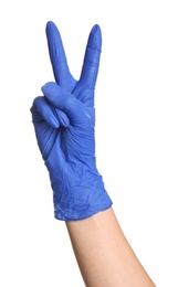Photo of Woman in blue latex gloves showing two fingers on white background, closeup of hand
