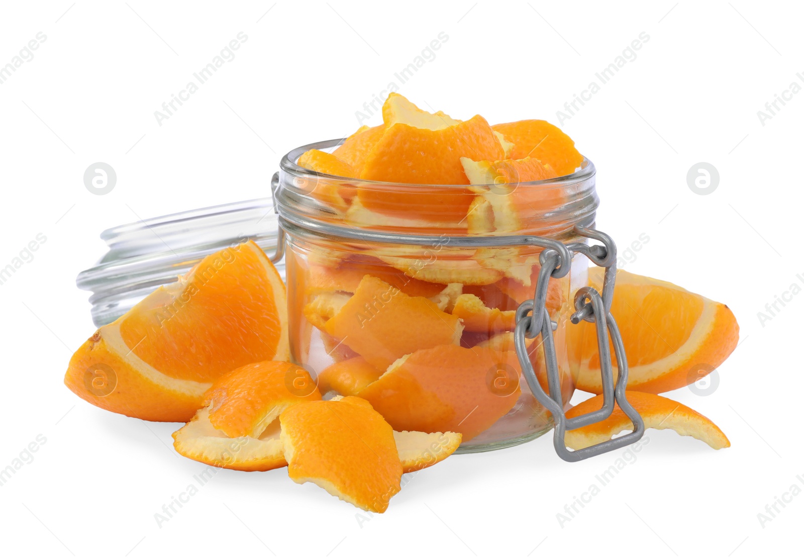 Photo of Orange peels preparing for drying and fresh fruit isolated on white