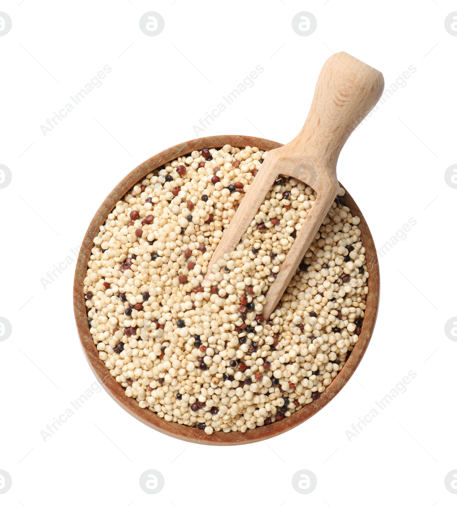 Photo of Raw quinoa seeds and scoop in bowl isolated on white, top view