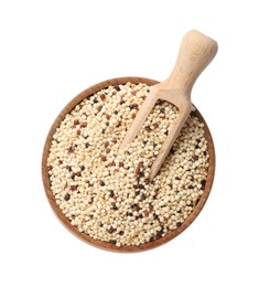 Raw quinoa seeds and scoop in bowl isolated on white, top view