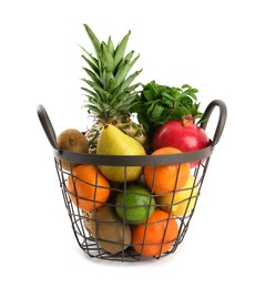Photo of Fresh ripe fruits in metal basket on white background