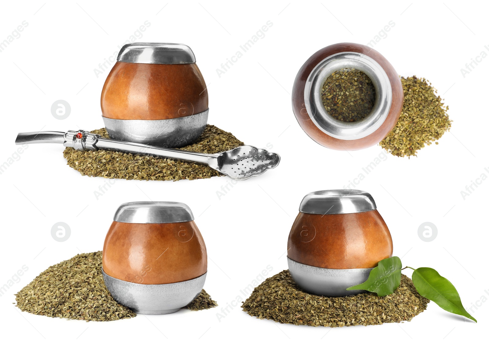 Image of Set with calabashes with mate tea on white background