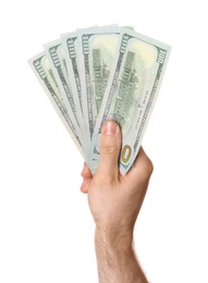 Photo of Man with dollar bills on white background, closeup