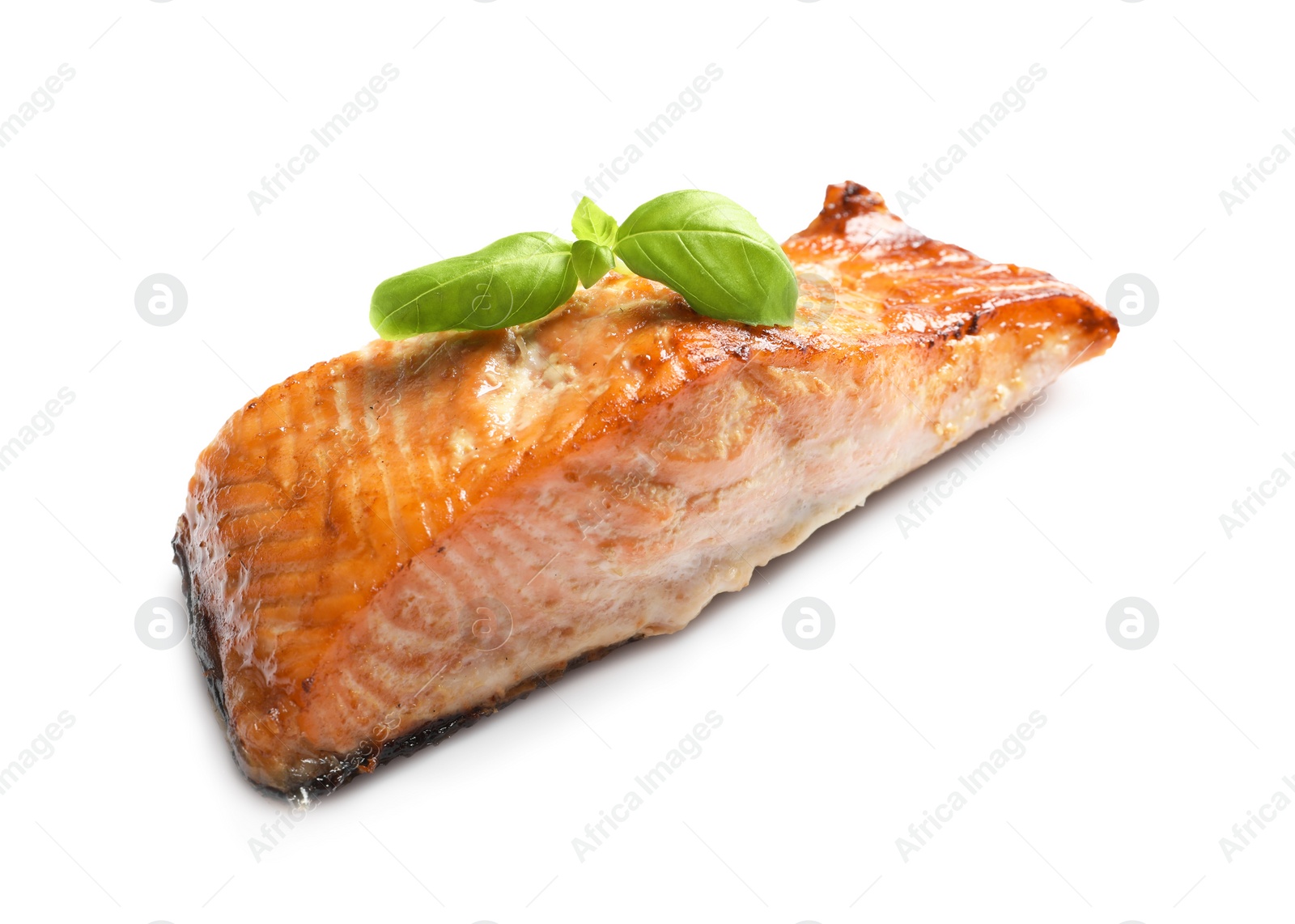 Photo of Tasty freshly cooked salmon on white background