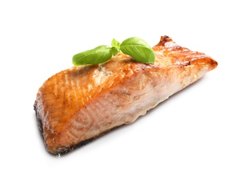 Tasty freshly cooked salmon on white background