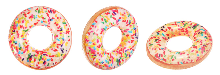 Image of Set with bright inflatable donut rings on white background, banner design