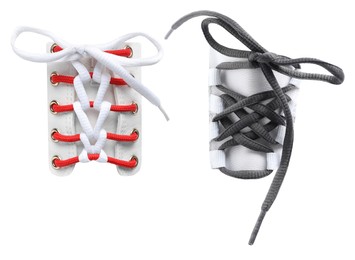 Image of Different color shoe laces on white background, collage