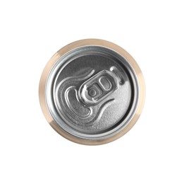 Photo of Aluminum can with drink isolated on white, top view