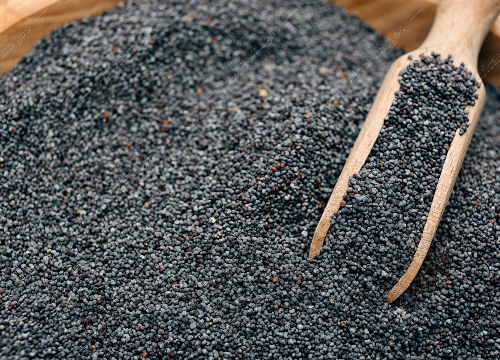 Photo of Poppy seeds and wooden scoop in bowl, closeup