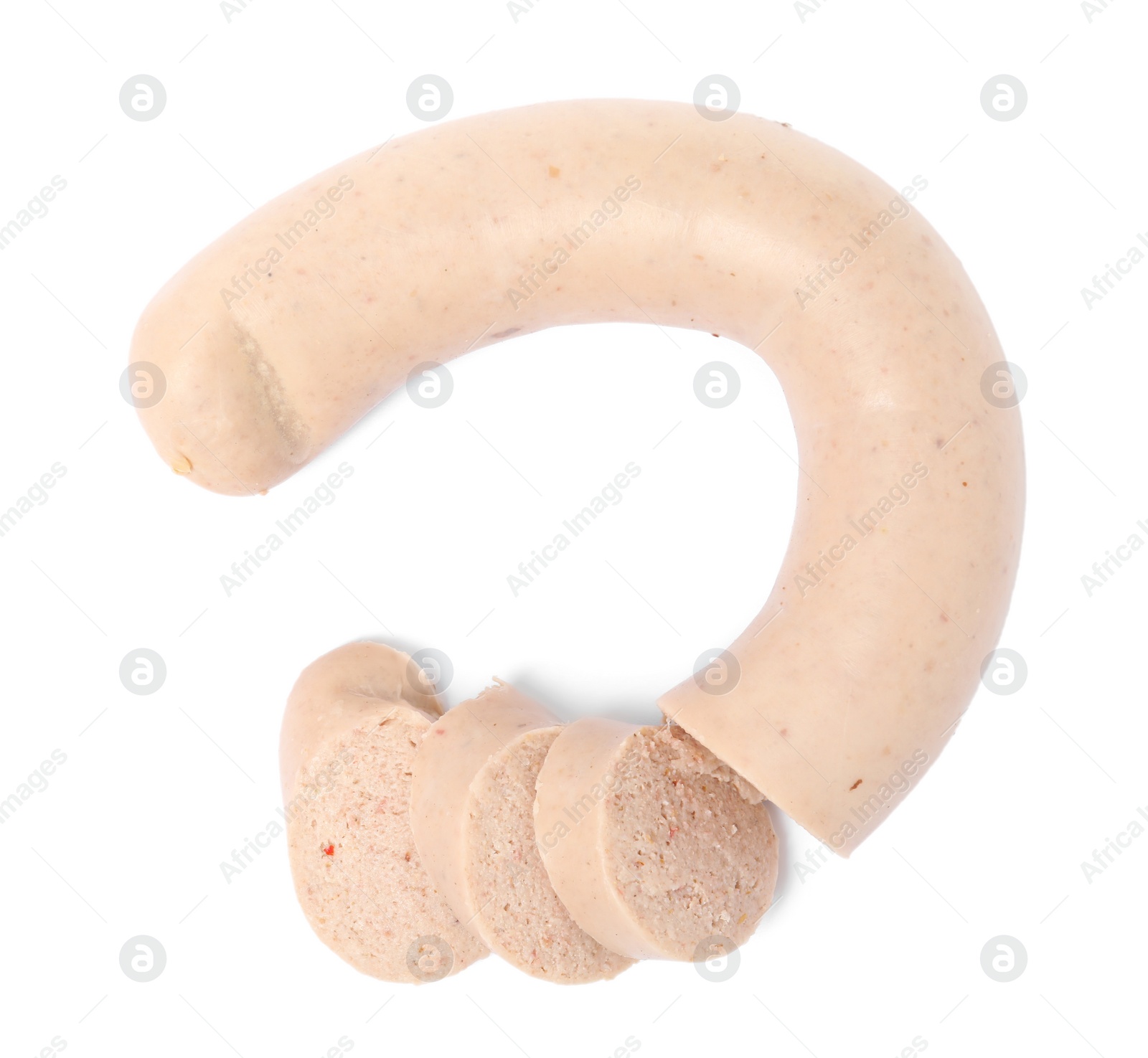 Photo of Cut delicious liver sausage on white background, top view