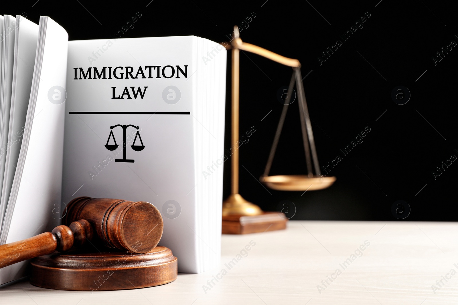 Image of Judge's gavel, Immigration law book and scales on table against black background. Space for text