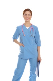 Portrait of medical doctor with clipboard and stethoscope isolated on white