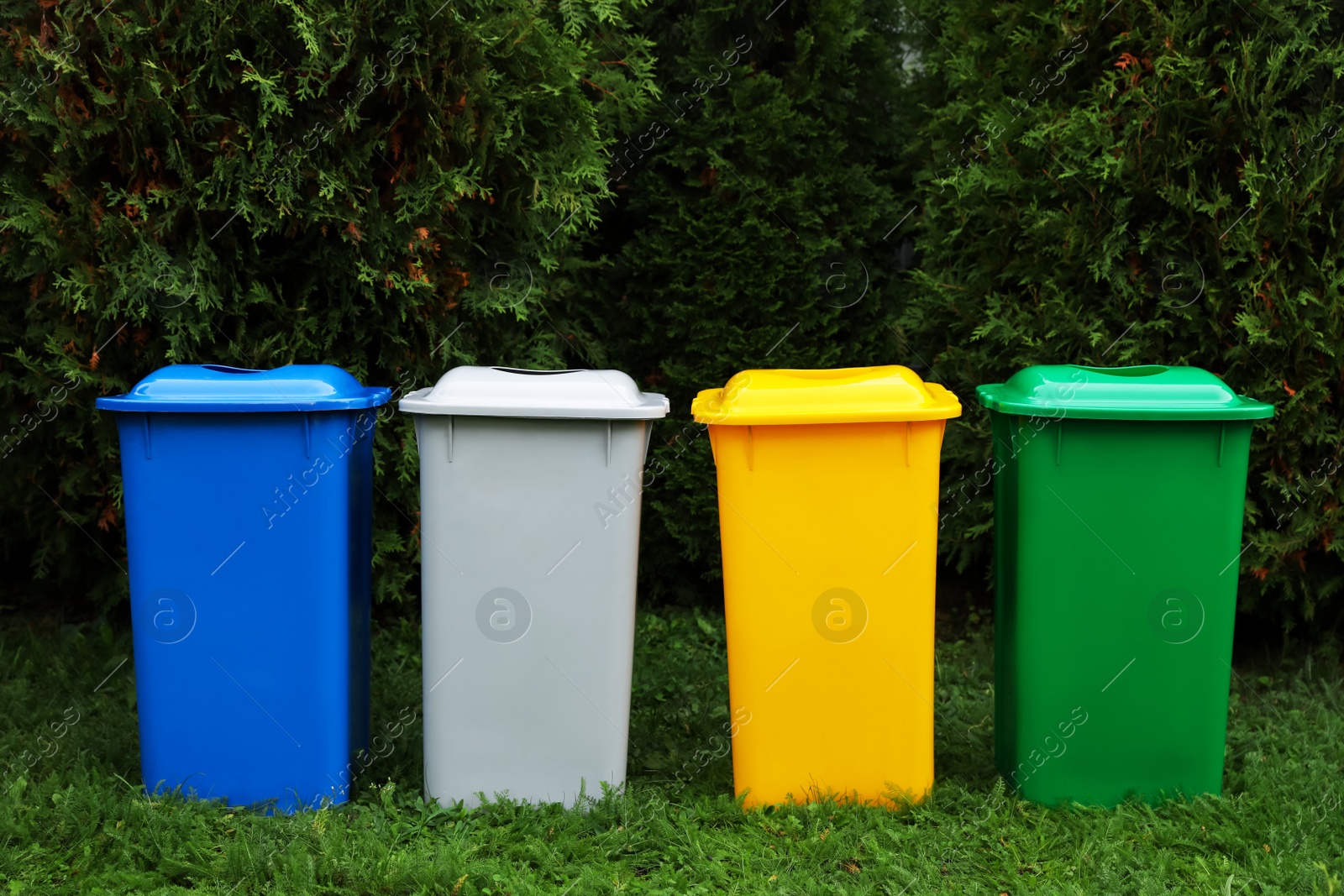 Photo of Many color recycling bins on green grass outdoors