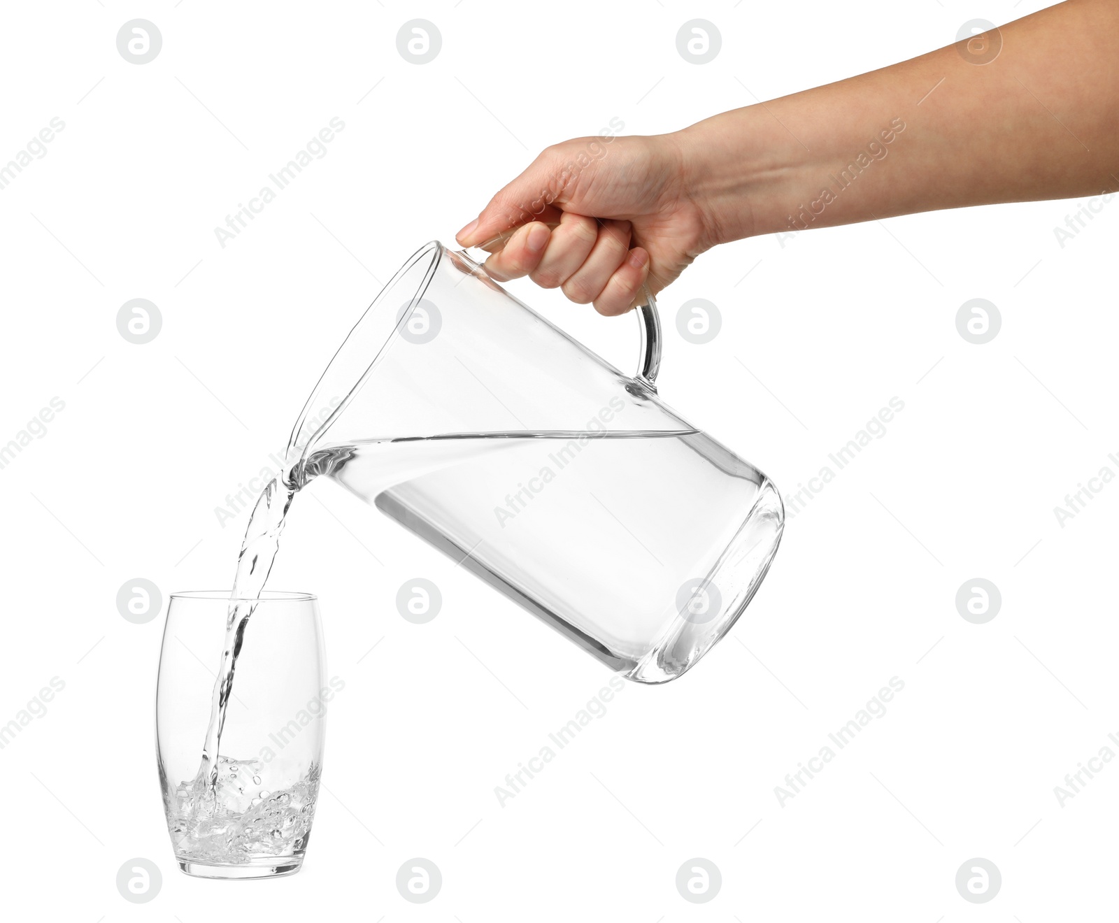 Photo of Woman pouring water from jug into glass on white background, closeup